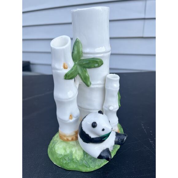 Bone China Panda Bear Bamboo Trees Lucky Bamboo Vase Three Hole Planter Vase VTG - Picture 3 of 13